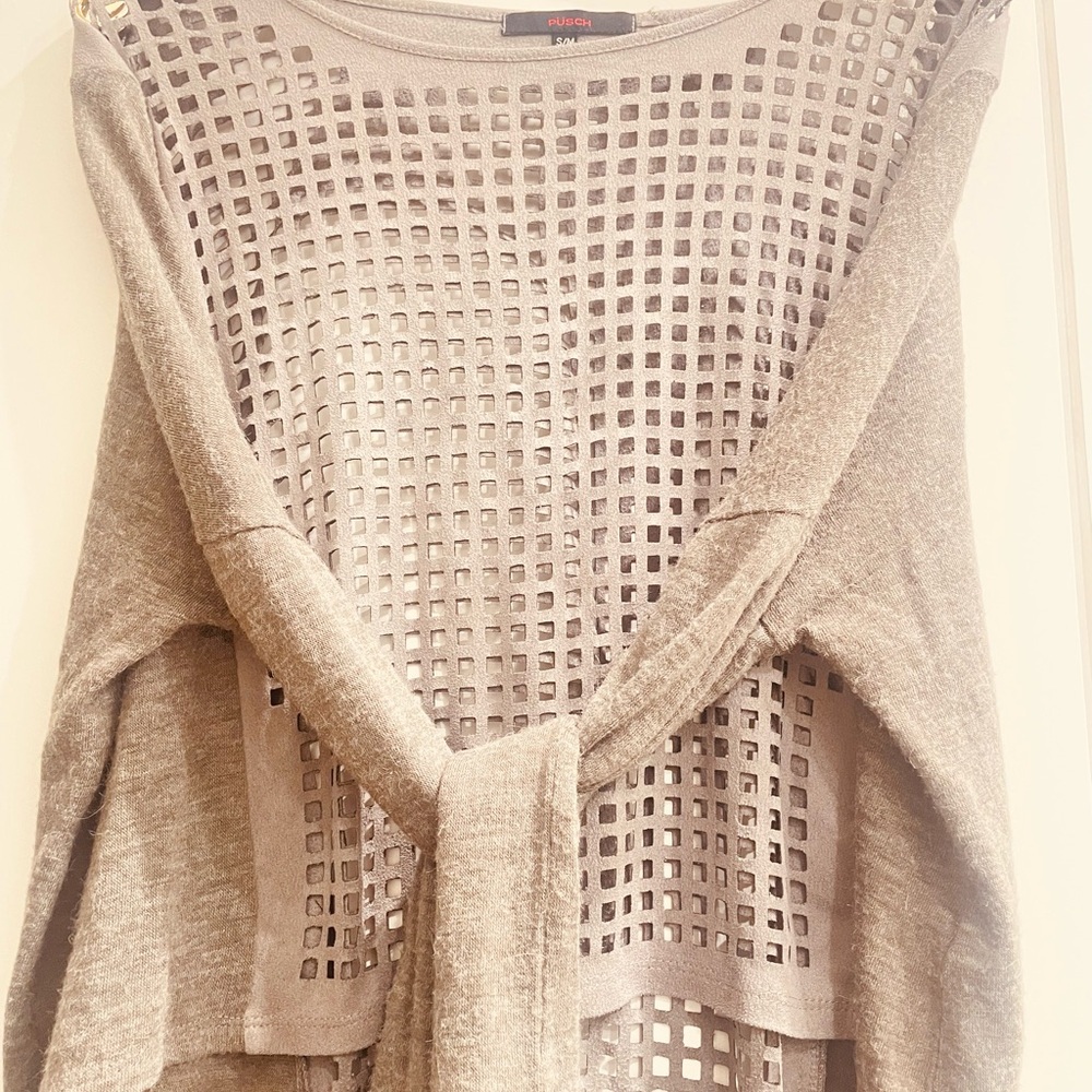 Chic Taupe Knit Top By Pusch With Intricate Cut Outs .